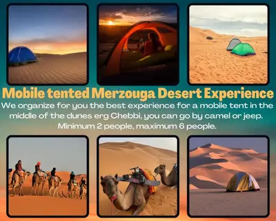 a collage of pictures of a tent and camel in the desert at Auberge Les Roches in Merzouga