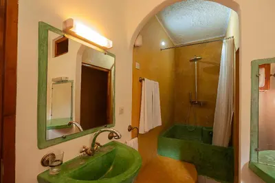 a bathroom with a green sink and a shower at Auberge le Maquis in Aghbalou