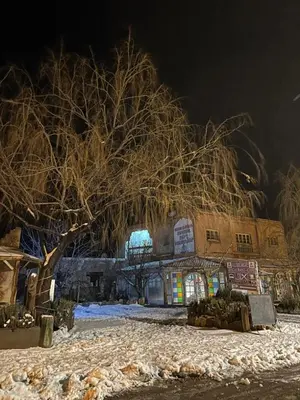a tree in front of a building with snow on the ground at Complexe Collier D' Ambre in Imilchil