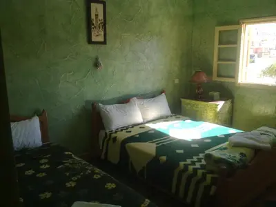 a green room with two beds and a window at Complexe Collier D' Ambre in Imilchil