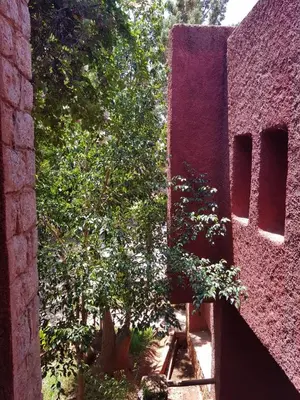 a red brick building with a tree next to it at Appart Bin Elouidane in Bine el Ouidane