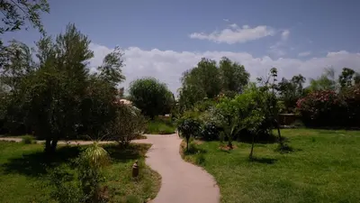 a path through a park with trees and grass at Asnouss in Marrakech
