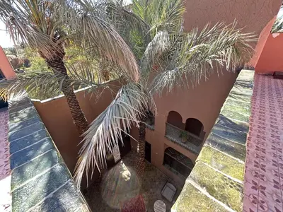two palm trees in front of a building at Dar Nakhla Zagora Guest House Restaurant & Desert Excursions in Zagora