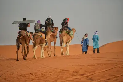 a group of people riding camels in the desert at Sahara Desert Experience camp in Merzouga