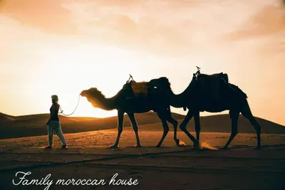 a woman walking two camels in the desert at Family Moroccan House in Merzouga