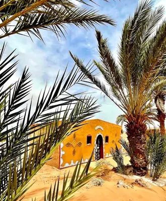 a painting of a house in the desert with palm trees at Sky Luxury Camp in Mhamid