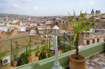 a view of a city from a balcony with a potted plant at Maison Famille Tazi in Fès