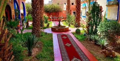 a garden with a fountain in the middle of a yard at Riad Jasmine Sud in Zagora