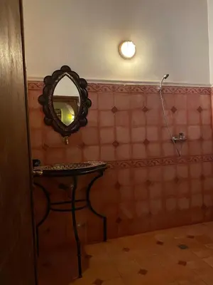 a bathroom with a sink and a mirror on the wall at Kasbah Ait Bouguemez in Agouti