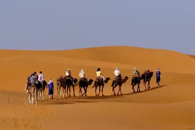 a group of people riding horses in the desert at Mustapha Camp Merzouga in Merzouga