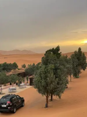 a truck parked in the desert with a tree at Mustapha Camp Merzouga in Merzouga