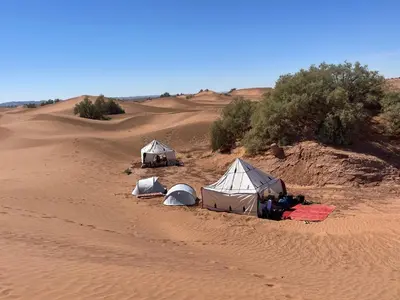 two tents in the middle of a desert at Dar Nomads in Mhamid