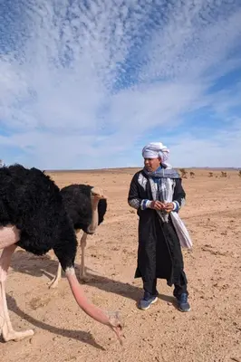 a man standing next to an ostrich in the desert at Mhamid Tours in Mhamid