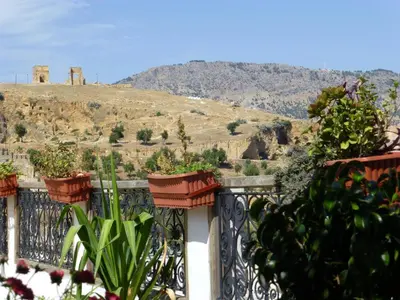 a balcony with potted plants on a mountain at Dar Naima in Fès