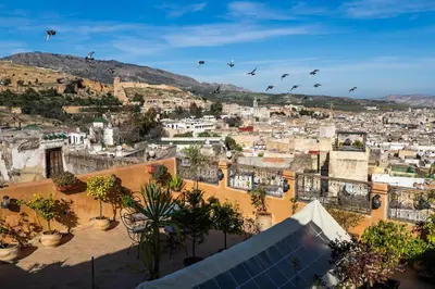 a view of a city with birds flying in the sky at Dar Naima in Fès