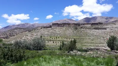 a rocky hillside with trees and mountains in the background at Dar Ait Bouguemez in Azilal