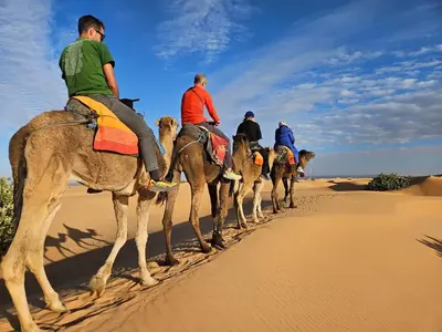 a group of people riding camels in the desert at glamping Dunes CAMP in Merzouga