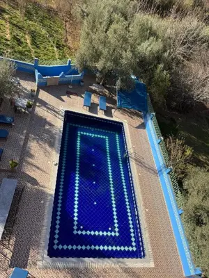 an overhead view of a large blue swimming pool at AUBERGE ROYAL PALMAS in Tinerhir