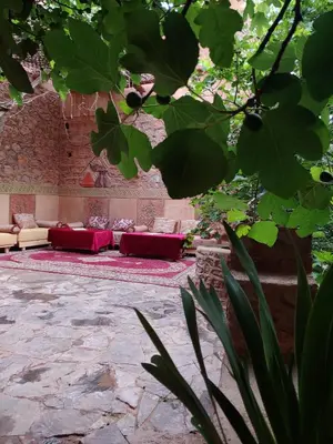 a living room with red pillows and a brick wall at Riad Atlas Berbère in Boumalne