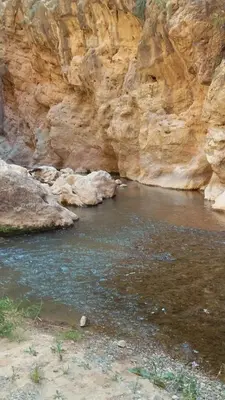 a river in a canyon with a rocky wall at Maison D'hote Amazir DADES in Boumalne