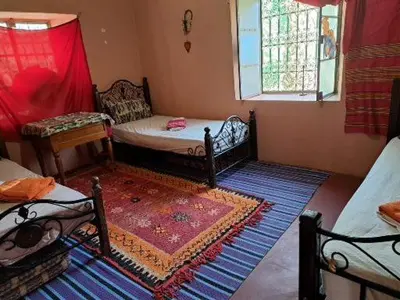 a living room with two beds and a rug at LE JARDIN DES GRENADIERS in Skoura