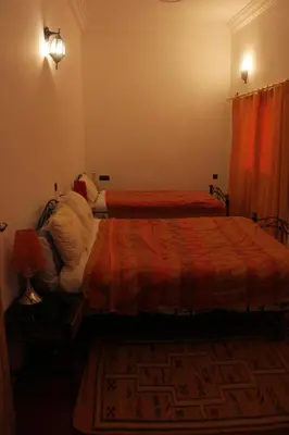 a bedroom with two beds and a lamp and a rug at Chez Yacob kasbah in Agdz