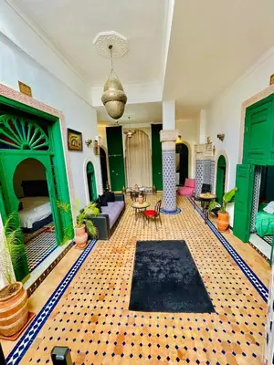 a living room with green doors and a rug at Dar Jardin Majorelle Fez in Fès