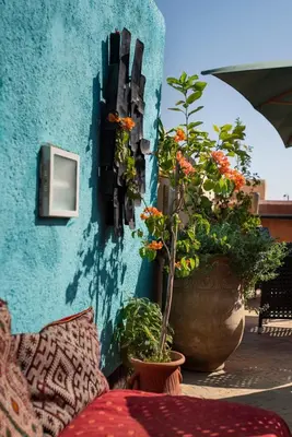 a blue wall with flowers and plants in pots at Dar anne in Fès