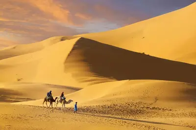 two people riding on horses in the desert at Camp Sahara Majestic in Mhamid