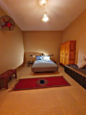a bedroom with a bed and a red rug at Riad Tazoulte in Agdz