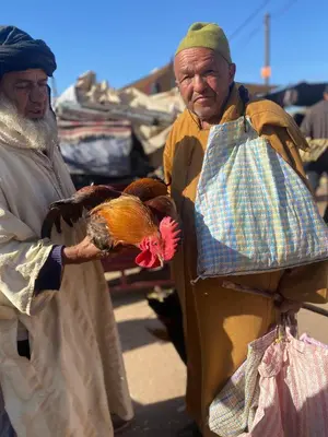 two men are standing with a chicken in a bag at Amlougui House in Marrakech