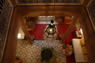 an overhead view of a living room with a chandelier at Villa Zagora Ma Villa au Sahara in Zagora