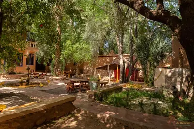 a courtyard with tables and trees and a building at Ecolodge La Palmeraie in Ouarzazate