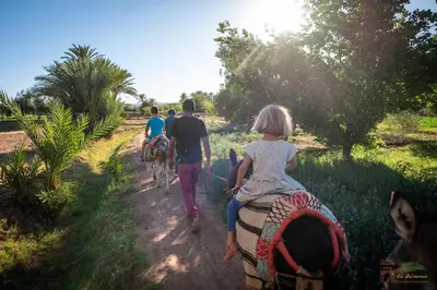 a group of people riding horses down a dirt road at Ecolodge La Palmeraie in Ouarzazate