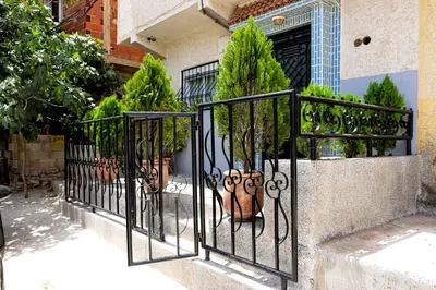 a black iron fence with potted plants in it at Salam appartement climatisé hiver et été in Azrou