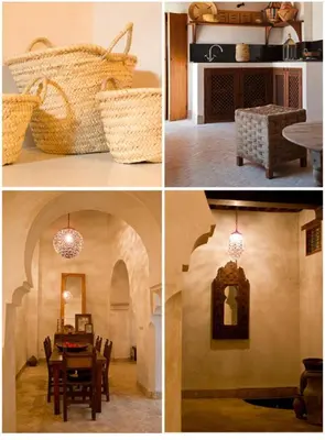four pictures of a room with a table and a basket at Riad Dar Rafti - Restaurant & Rooms with en-suite in Fès