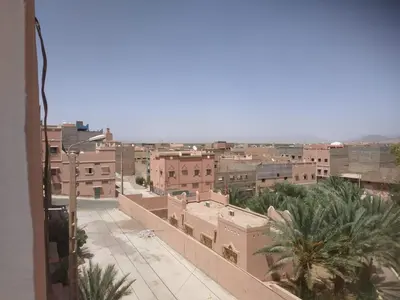 a view of a city with buildings and palm trees at Chez l'habitant (Ba Omar) in Zagora