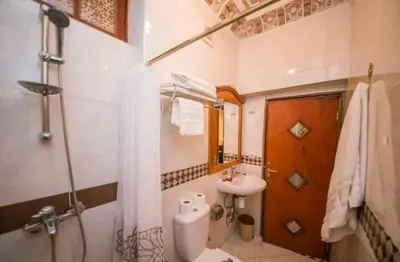 a bathroom with a toilet and a sink and a shower at PALAIS LARAICHI Riad la porte bleue suites in Fès