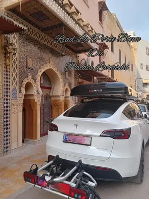 a white car parked in front of a building at PALAIS LARAICHI Riad la porte bleue suites in Fès