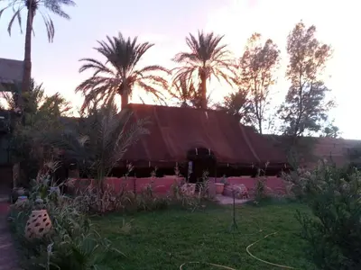 a house with a red roof with palm trees at Auberge jnane dar diafa se trouve au centre de tamegrouteface de la bibiotheque in Tamegroute