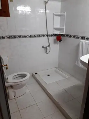 a bathroom with a toilet and a shower and a sink at Appartement Moderne 3 Chambres in Fès