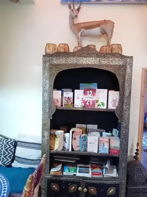 a book shelf filled with books in a room at Maison d'Hôtes Agdal Telouet in Tiguidert