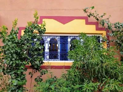 a colorful window on a building with plants at Riad Fennec Sahara in Zagora