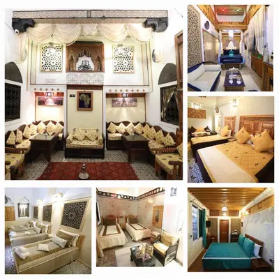 a collage of four pictures of a living room at Dar Belmamoun in Fès