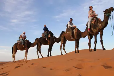 four people riding on camelbacks in the desert at Chez zakaria luxury camp merzouga in Merzouga