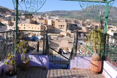 a balcony with potted plants and a view of a city at Riad El Bacha in Fès