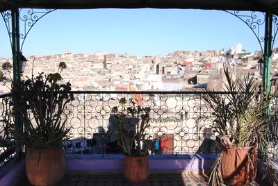 three potted plants sitting on a window sill with a view at Riad El Bacha in Fès