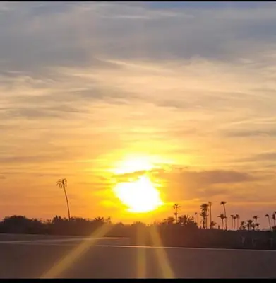 a sunset with the sun in the sky and palm trees at La Rose des Sables in Marrakech