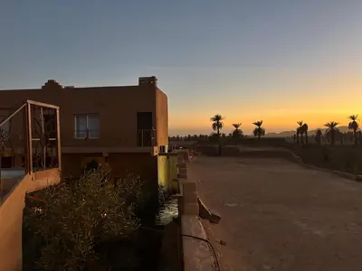 a house in the middle of a desert with palm trees at Dar Talmoudi ,Traditional Riad, Local Food, Camel , Desert Excursions in Tagounite