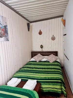 a green and white bed in a small room at Dar Ines in Moulay Idriss Zerhoun